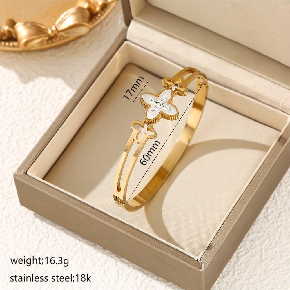 

Браслет из титановой стали с бриллиантами в виде четырехлистного клевера - Модный талисман удачи для женщин