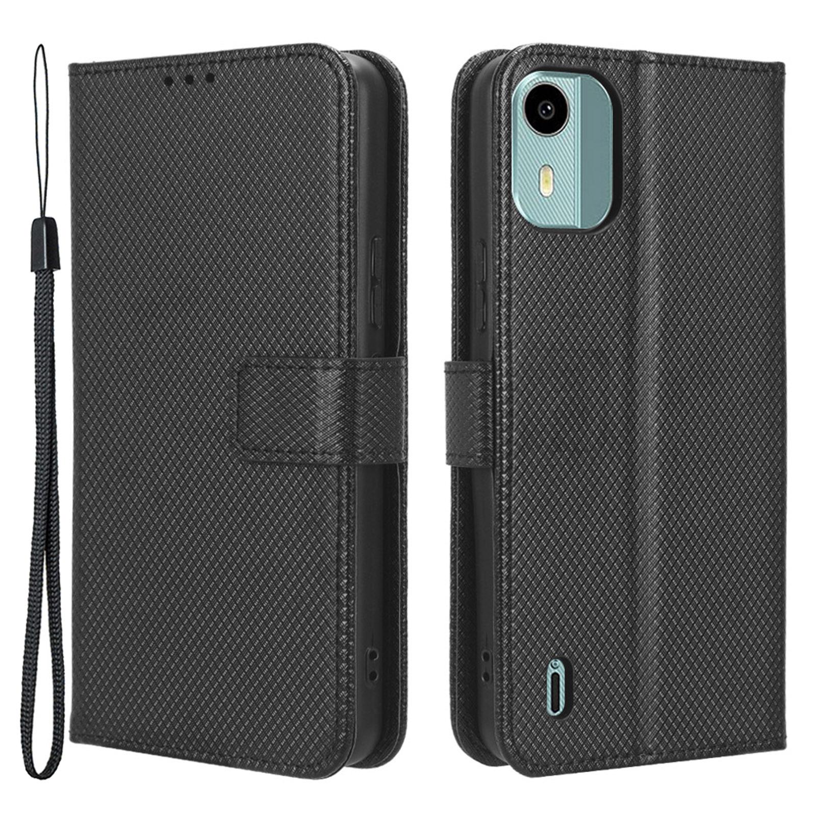 

For Nokia C12 4G/C12 Pro/C12 Plus PU Leather+TPU Cell Phone Cover Diamond Texture Stand Wallet Flip Case Black