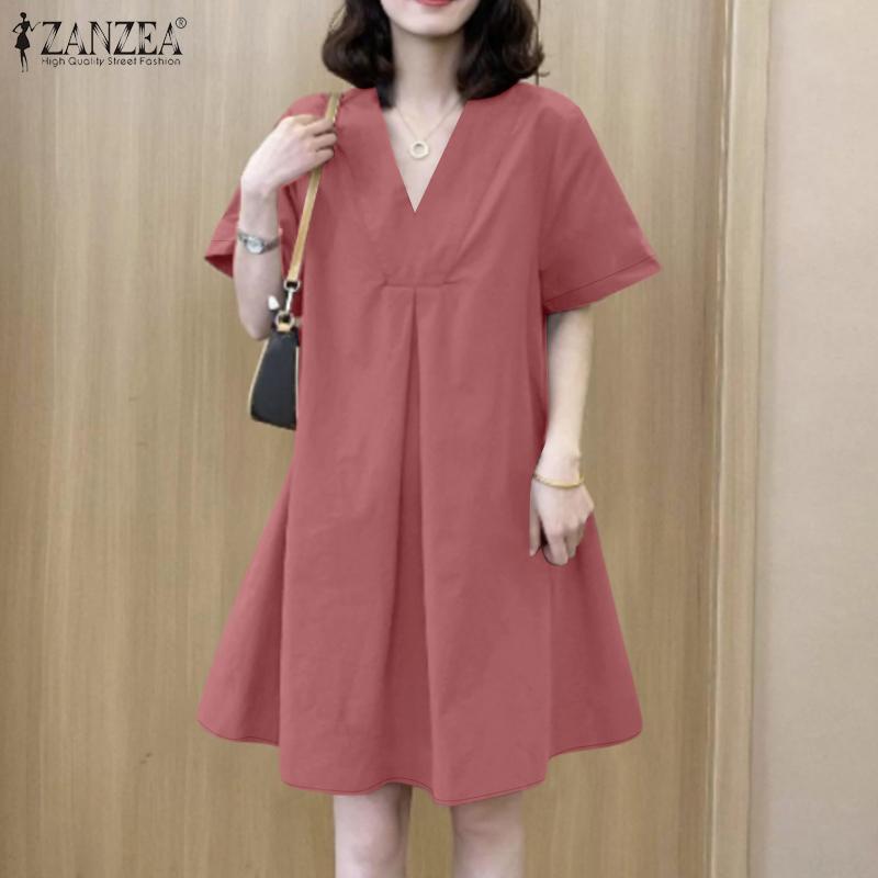 ZANZEA Womens Summer V-Neck Solid Color Casual Short Sleeve Dress