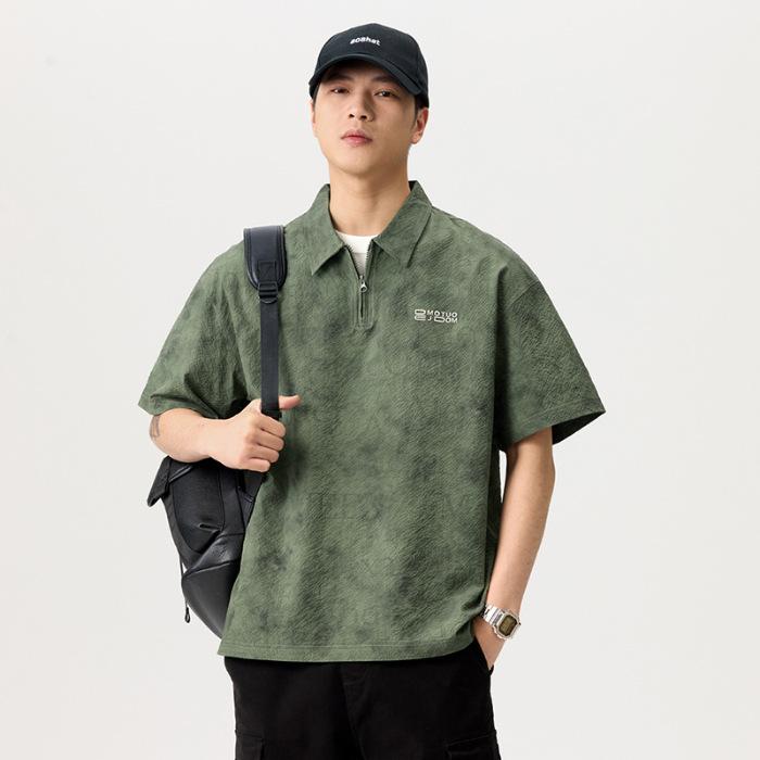 

New Summer Retro Ice Silk Bubble Textured Pattern Shirt Lapel Loose Short-sleeved Shirt M