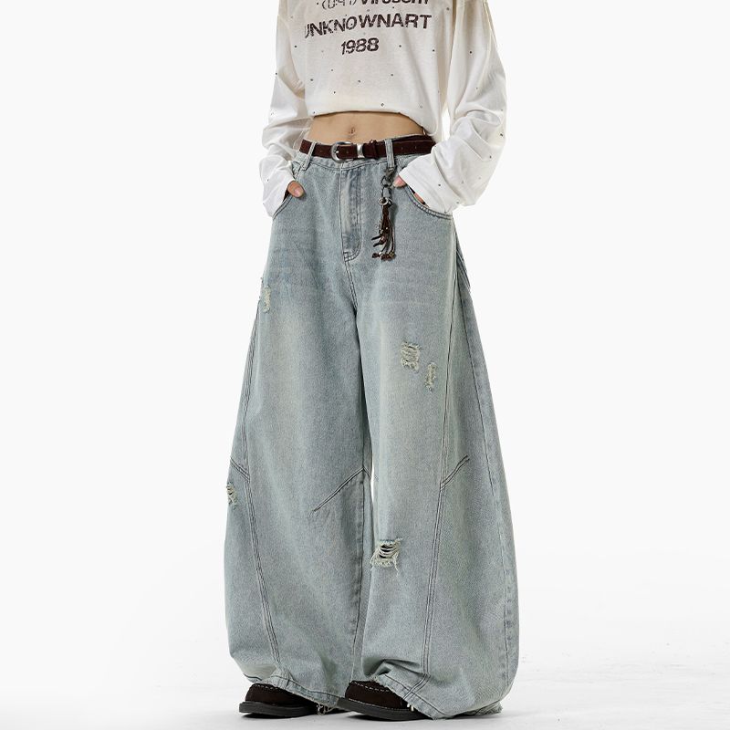 

Medm Beprp Wide Leg Ripped Jeans Boys and Girls Loose Washed Hong Kong Style Mopping Pants Casual Long Pants 5315 Light Blue 5XL(Recommend 102.5~115kg)