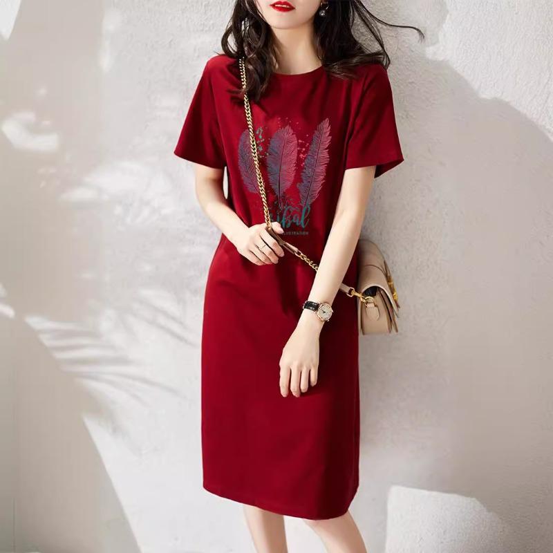 YYFS Dámská móda Léto Jaro Peří Potisk Krátký rukáv O-výstřih Volný pas Ležérní šaty