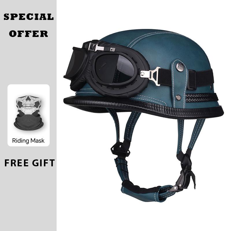 Factory Price Motorcycle Helmets German Style Leather Half Face Helmet DOT Cap1/2 Shell Helmets+Goggles Low Profile Helm Casque