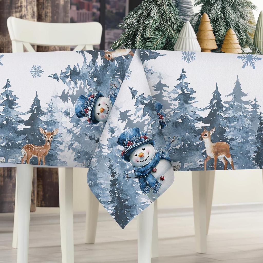 Christmas Snowman Reindeer Pine Tree Waterproof Tablecloth Table Decor Reusable Kitchen Dining Tablecloth Christmas Decorations