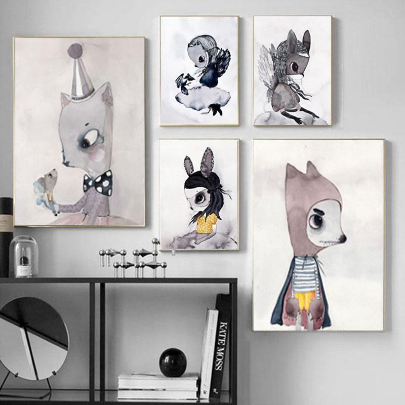 Moderne Nordic Kaninchen Mädchen Engel Wand Kunst Cartoon Leinwand Malerei Spray Farbe Kunst Poster Kinder Baby Kinderzimmer Wandmalereien