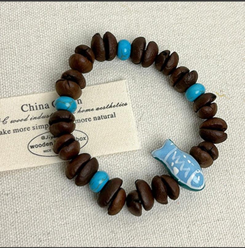 Genuine Coffee Bean Cat Paw Beaded Bracelet - Stylish Elastic Rope Couple Bangle