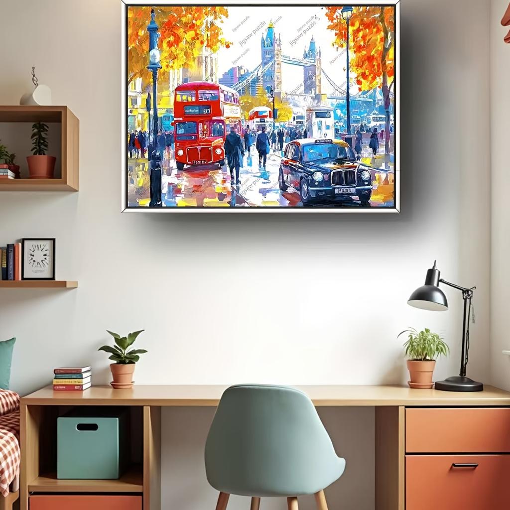 2000/1314/1000//520pcs Jigsaw Puzzles for Adults - Vibrant London Street Scene with Big Ben & Red Bus, High-Quality Paper, Por