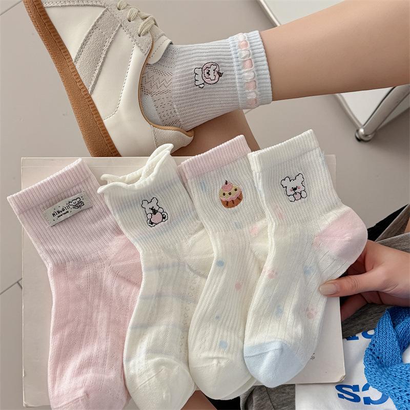 White Socks Children Spring/summer Mesh Mid-calf Cotton Socks, Sweat-absorbing and Breathable, Embroidered Short Socks
