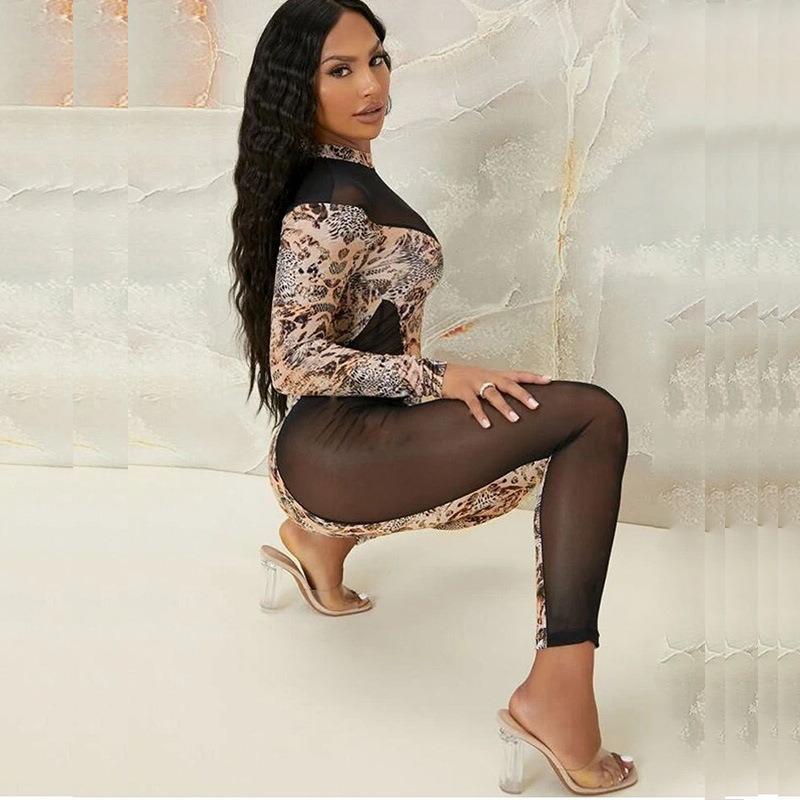 Women's Summer Mesh See Through Tight Print Patchwork Long Sleeve Jumpsuit