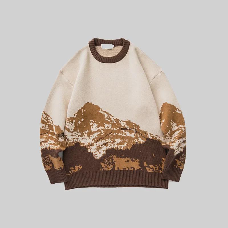 Autumn/Winter Tie-Dye Snow Mountain Men's Loose Knit Sweater, Trendy Hong Kong Style, Long-Sleeve Pullover.