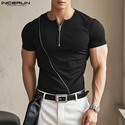 Summer Men Zipper O Neck Short Sleeve Stitching Sport T-shirts Tops