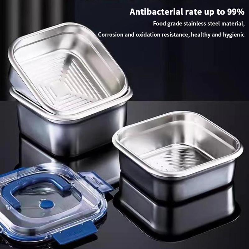 Large Capacity Stainless Steel Crisper With Handle Airtight Lid Leak-Proof Lunch Box Rectangular Fresh-Keeping Box Refrigerator