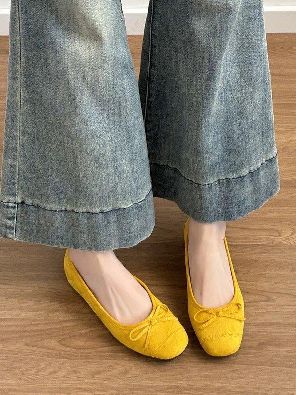 Yellow Single Shoes Women's 2025 New Summer Soft-soled French Evening Bow Flat-bottomed Super Fire Ballet Shoes