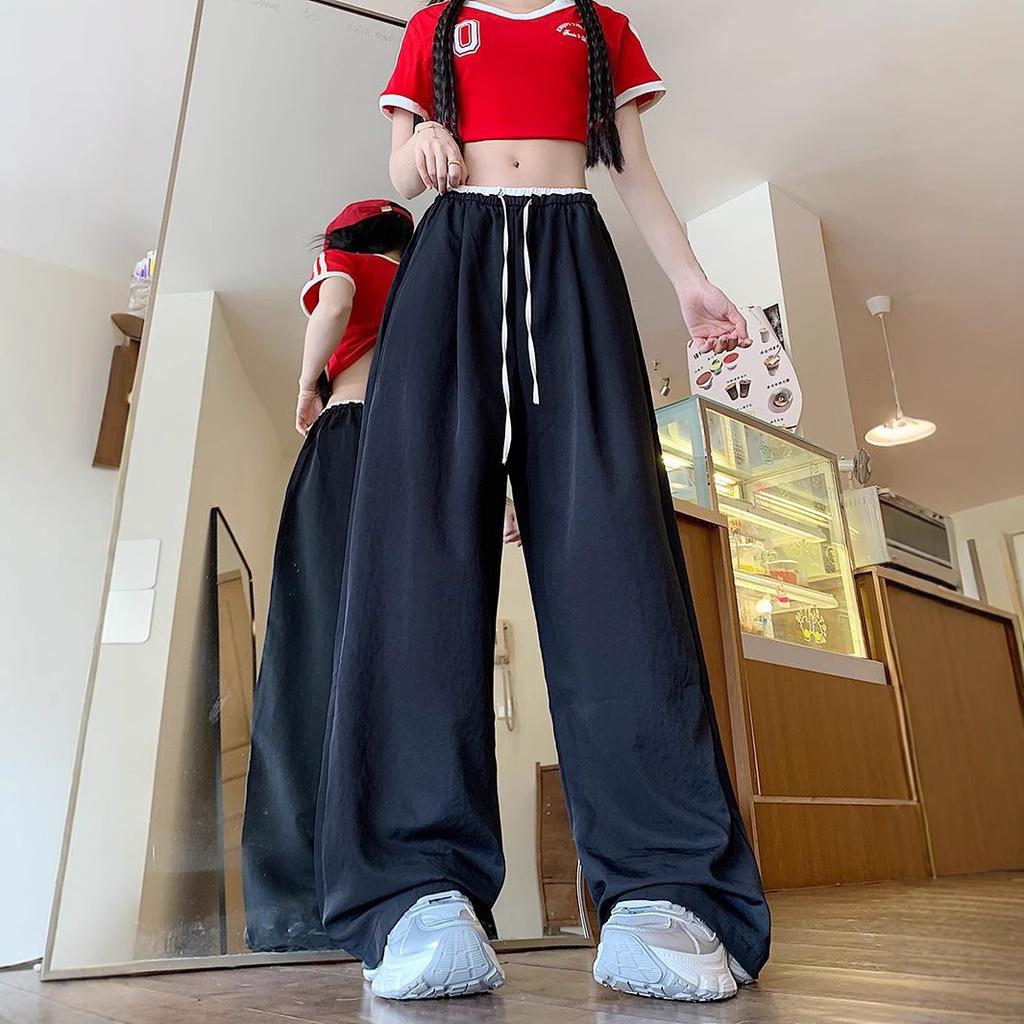 Design Contrasting Color Thin Ice Silk Wide-leg Pants for Women In Summer New Texture Straight-leg Casual Pants