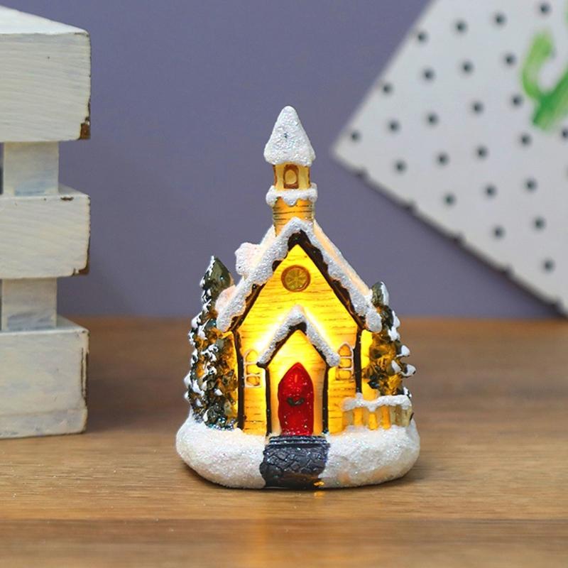 62KD Christmas LED Lighted Miniature Snow House Resin Ornament Village Scene Battery Operated Luminous Figurine Xmas Decor