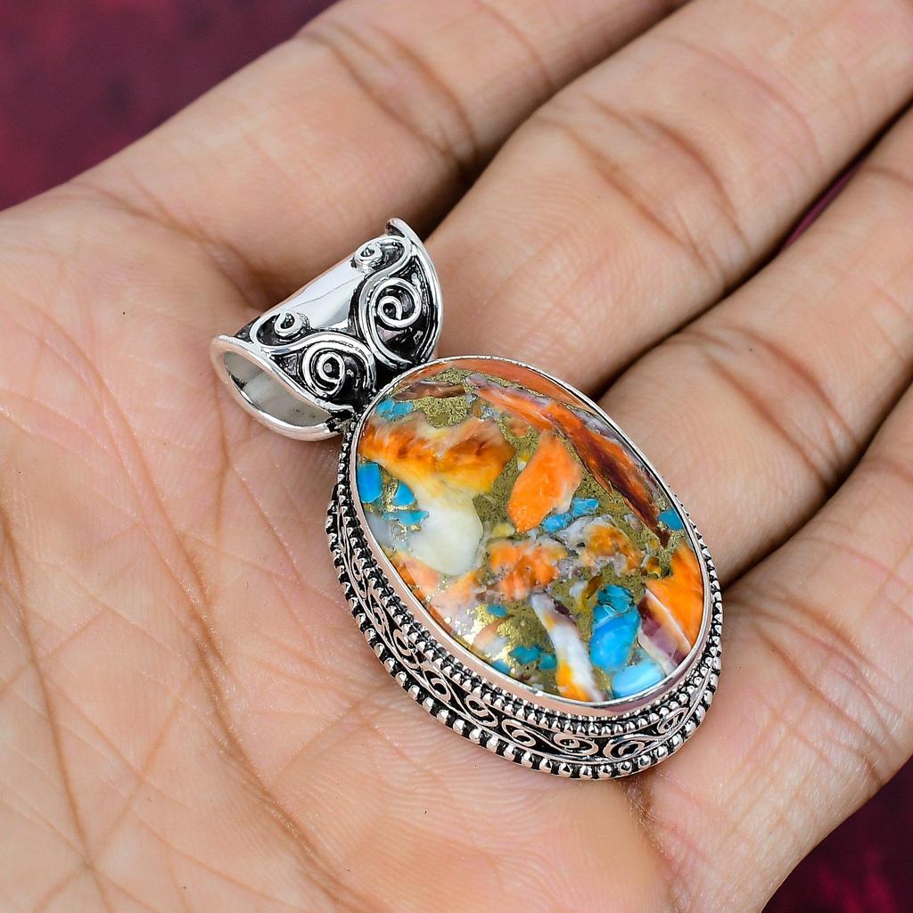 Orange Spiny Oyster Handmade Gemstone Pendant, 925 Solid Sterling Silver Pendant Antique Jewelry, For Engagement Gift