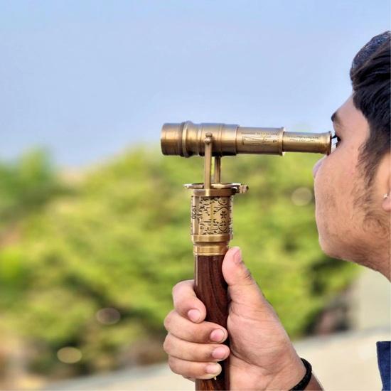 Engraved Brass Walking Cane with Telescope Compass Steampunk Dollond London 1920 Replica Victorian Handmade Cane, Perfect for Gift