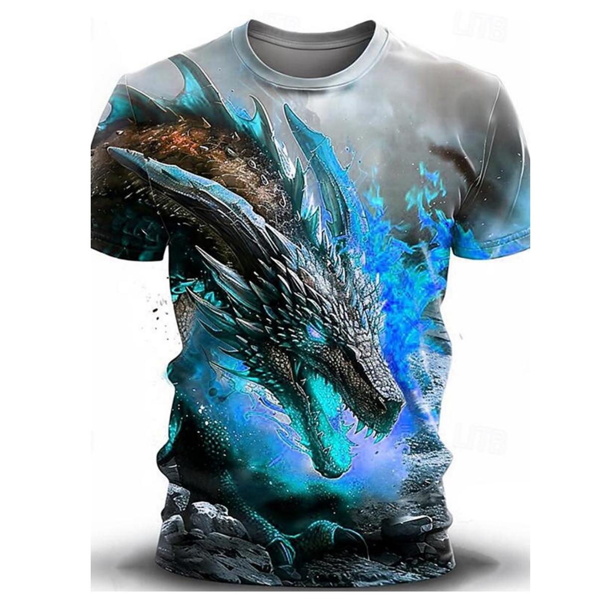 

Анімований 3D візерунок дракона Літня чоловіча повсякденна футболка Спорт на відкритому повітрі Зручні короткі рукави Вулична мода, топи з круглим вирізом 6XL