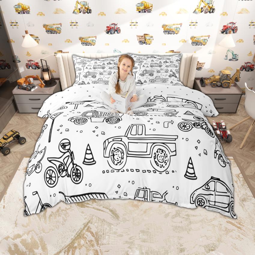 Homewish Zestaw poszewki na kołdrę dla dzieci z kreskówkowym samochodem 2 szt./3 szt., Urocza pościel z motywem pociągu, ciężarówki, traktora, Pościel z motywem transportu