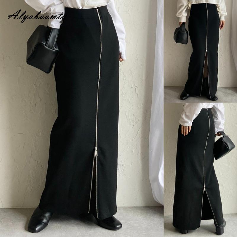 Korean Fashion Autumn Winter Women Stylish Maxi Long Skirt High Waist Black Knitting Zipper Skirt Split Knitted Feminine Classical Skirts Womens