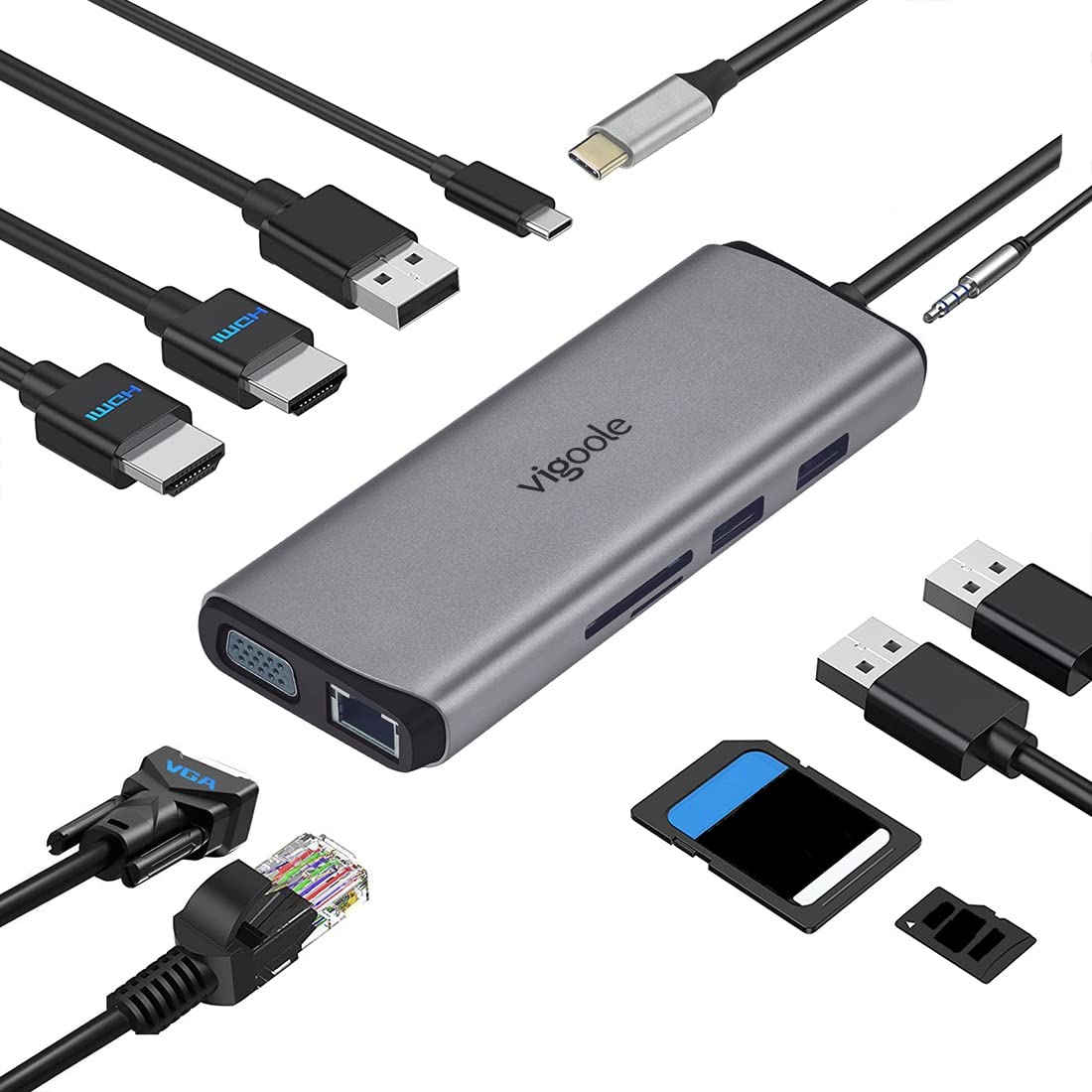 

vigoole USB C Хаб Тройной Дисплей USB Type C Хаб HDMI Док-станция Конвертер Адаптер 2 HDMI 4K 1080P VGA PD 100W Быстрая Зарядка 1 Гбит/с 3 USB MicroSD серый