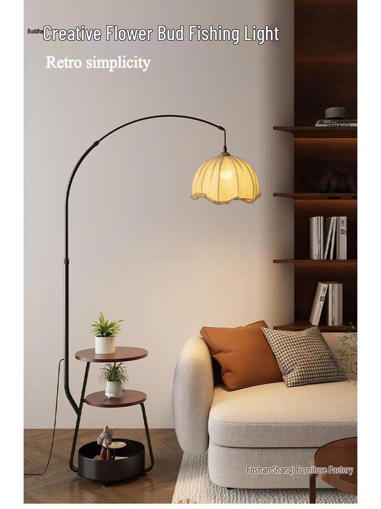 Antique-Style Floor Lamp with Integrated Coffee Table and Storage Rack