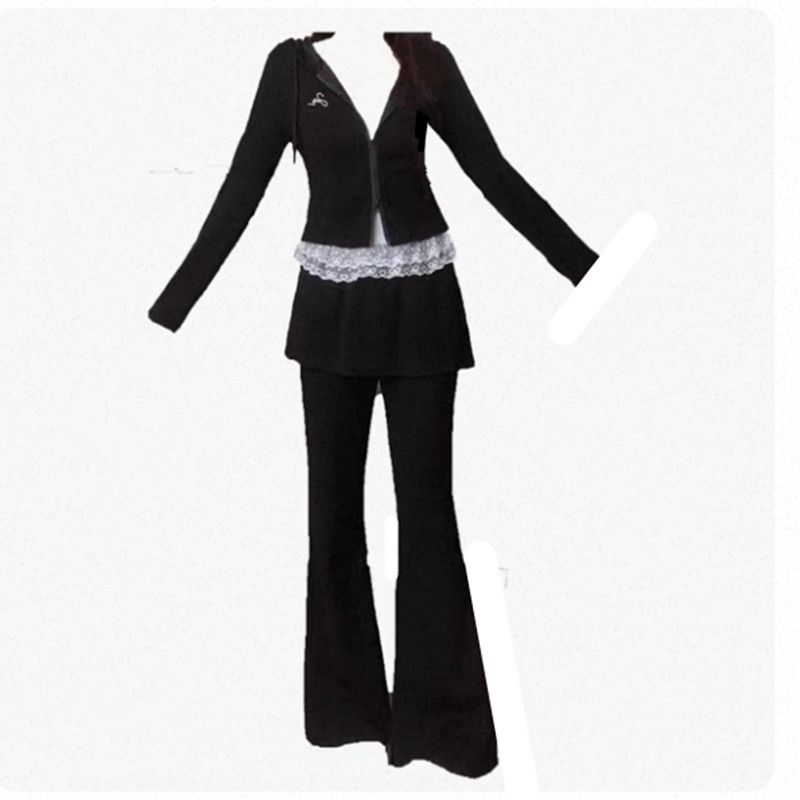 

Real Shot 2025 Autumn Clothing New Arrival Plus Size Ladies Plus Size Double Zipper Hoodie Coat Lace Sling Vest Two-Piece Set 80321 pants 4XL(Large size)