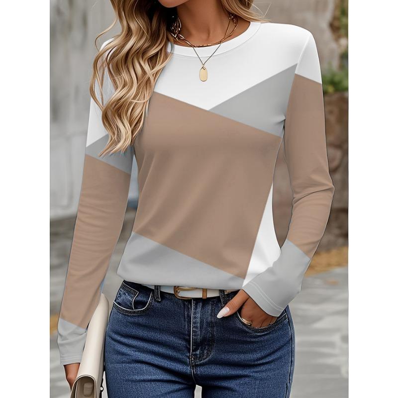 Damski T-shirt 3D ze szwami w blokach kolorów, modny z długim rękawem, z okrągłym dekoltem, regularny top, na wakacyjny weekend, wiosnę i jesień