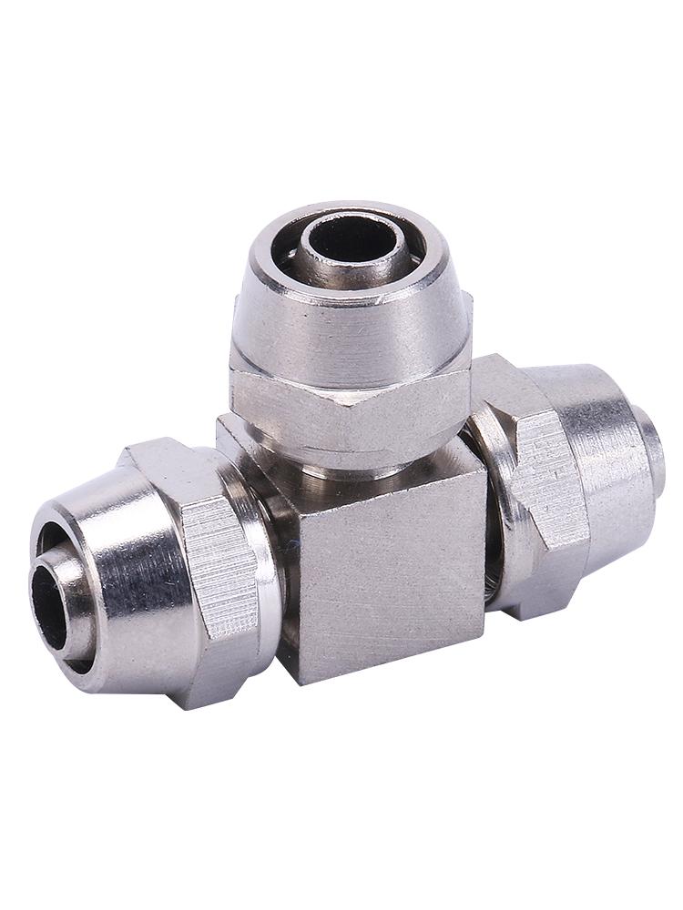T-shaped Quick-Connect Pneumatic Fitting for High-Pressure Air Hoses, Nickel-Plated, Available in 4-12mm.
