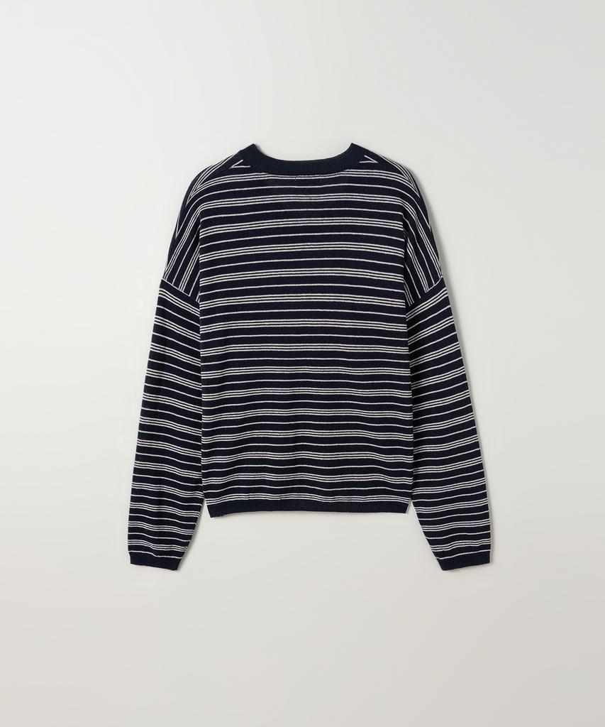Poyueoaijeuonli If Stripe V-Neck Knit (Navy)