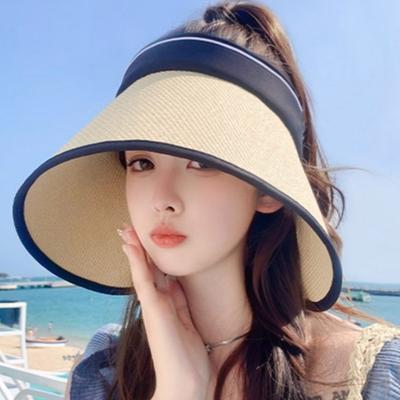 Chapeau seau à large bord protection UV Chapeau de paille creux pliable Casquette simple tissée à dessus vide Bord de mer