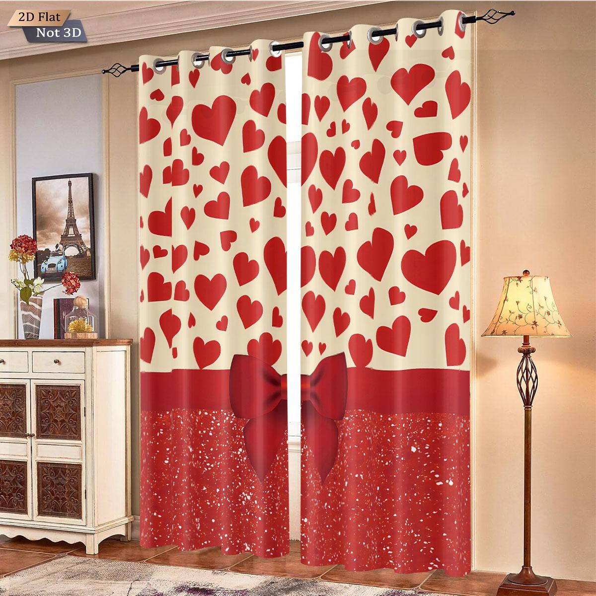

2Pcs Valentine S Day Red Love Bow Print Blackout Curtains Multi Size Living Room Bedroom Insulation Decoration Machine Washable 140x160&Grommet Top