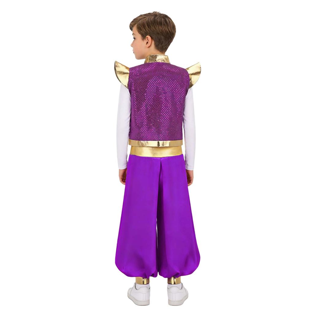 Set 2 Piese Vestă Basm Arabesc Băieți Paiete Metalic Guler Înalt Umeri Pad Pantaloni Largi Talie Înaltă