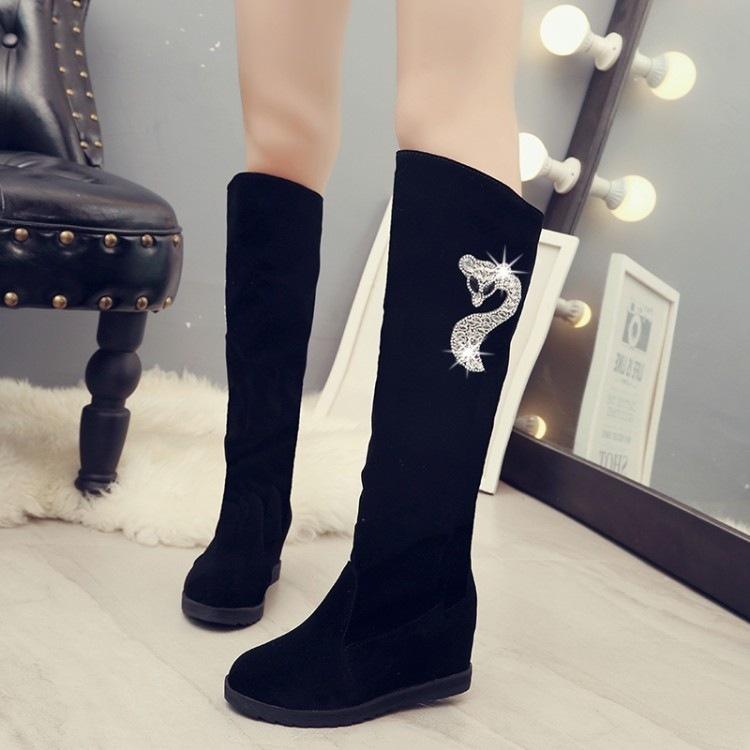 Autumn and Winter Velvet Medium and Long Boots High Heel Women's Suede Medium Boots Rhinestone Slope Heel Long Inner Height Increasing Women's Knig