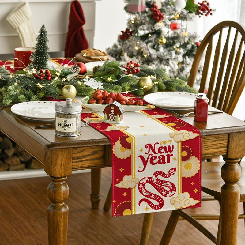 2025 Snake Year Table Runner Floral Snake Pattern Festival Party Decor Tablecloth Chinese Traditional New Year Table Covers
