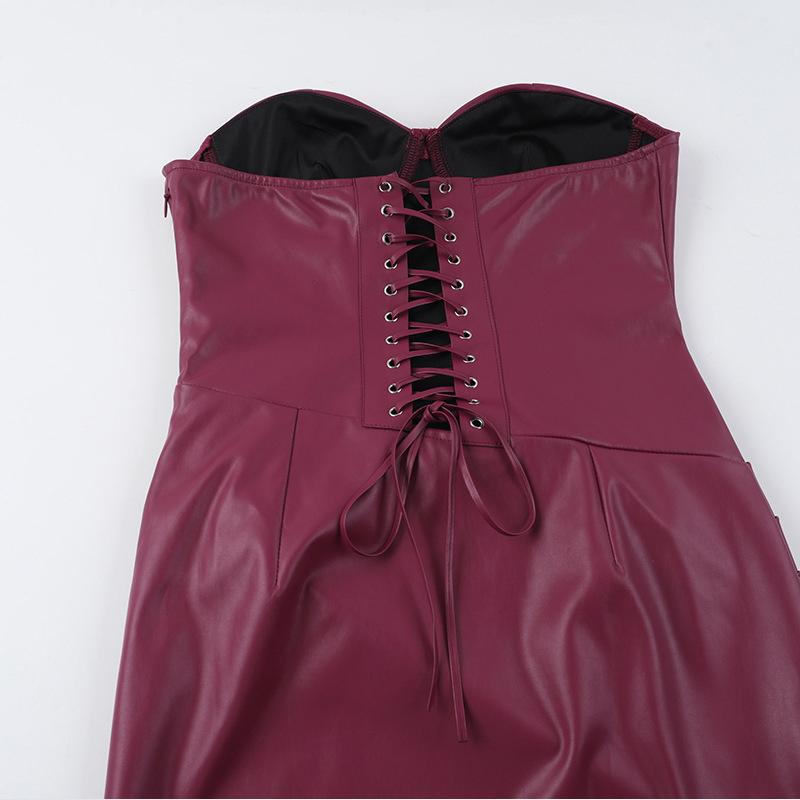 Dámské sexy šaty maxi bez ramínek z PU kůže Módní šaty bez rukávů s odhalenými rameny, plisované, slim, elegantní, společenské, večerní šaty