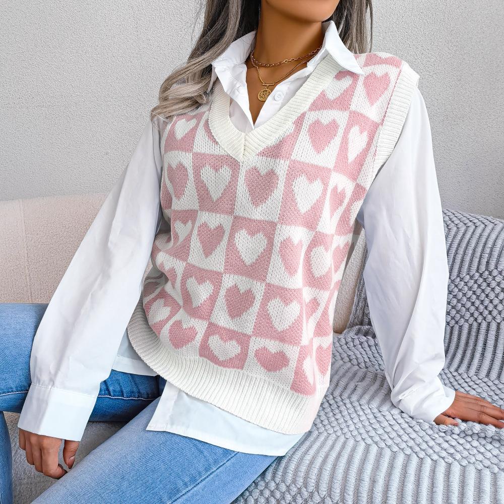 Damen Herbst- und Winter Strickpulloverweste mit Liebesmuster