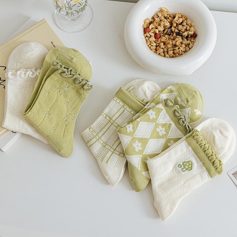 Grüne Rüschensocken Lolita Süße Mädchen Spitze Kniestrümpfe Hohle Dünne Sommer Atmungsaktive Harajuku Streetwear Damen Socken