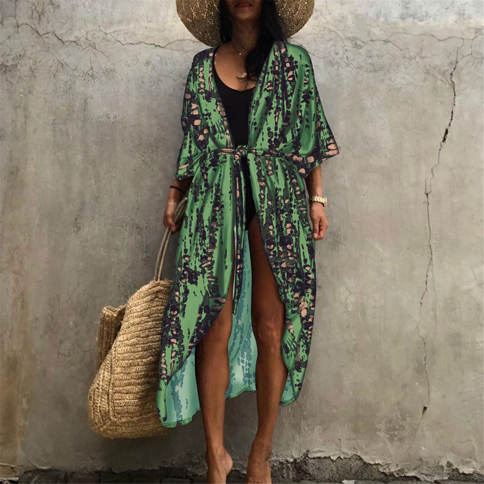 

Женский модный шифоновый кардиган с принтом, свободные пляжные накидки с рукавами из пяти частей XXL зелёный