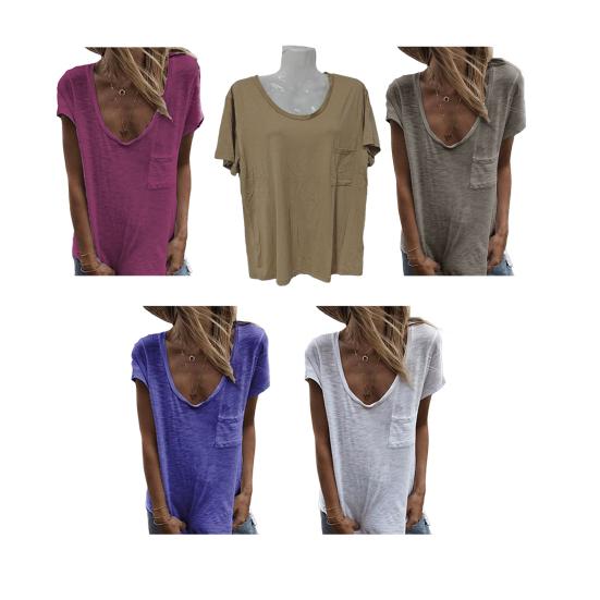 Tricou de damă cu gât rotund, mânecă scurtă, buzunar aplicat, culoare uni, croială lejeră, subțire, pulover, pentru purtare zilnică