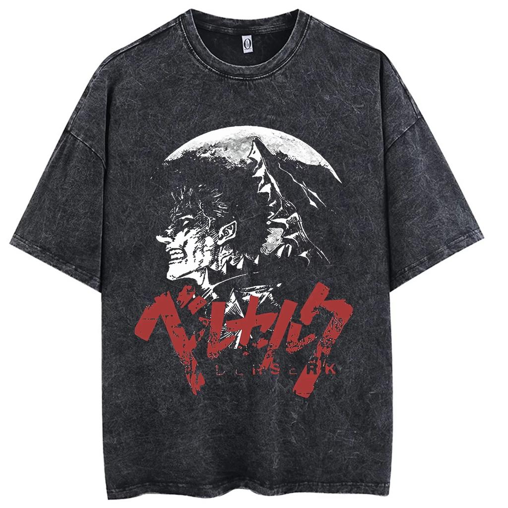Vendita Calda Anime Berserk Guts Manga Stampa Grafica Maglietta Uomo Donna Retro Lavato Girocollo Cotone Retro Lavato Larga Casual Oversize Top Estivo Nuova T-shirt