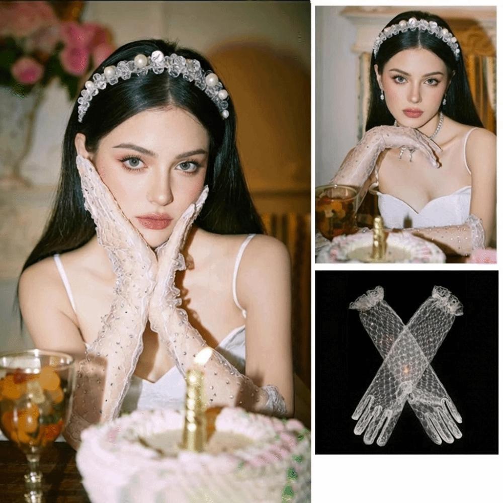 White Wedding Bridal Gloves Lace Long Finger Mittens Temperament Satin Long Gloves  Lady