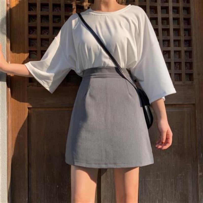 Women High Waist A-line Skirt Spring and Autumn Korean Version All-match Thin Solid Color Suit Skirt