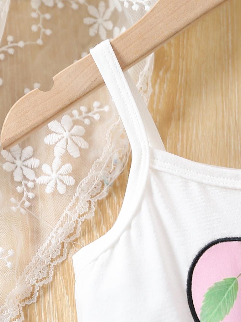 Summer girls' love patch embroidered halter-neck high-waisted strawberry print short pants one-piece dress, light and fresh one-piece clothing
