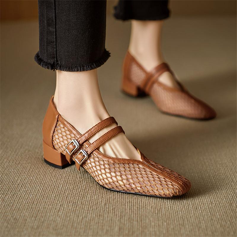 Móda Nové Letní Dámské Boty Čtvercová Špička Dámské Lodičky Boty pro Ženy Móda Prodyšná Síťovina Vykrojené Mary Jane Boty Střední Podpatek Boty