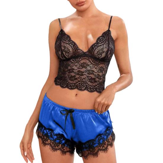 Women Pajama Set Lace Pajama Top Satin Shorts with Black Silk Bow And Lace Trim Sexy Lace Camisole Set for Women Home Sleepwear Gift