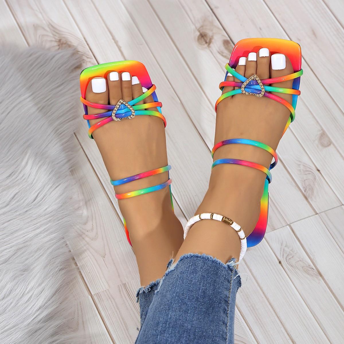 

Летние трендовые женские тапочки, разноцветные, плоские, с пряжкой Love, нескользящие, с квадратным носком, с открытым носком, женские пляжные сандалии, женская обувь 36 разноцветный