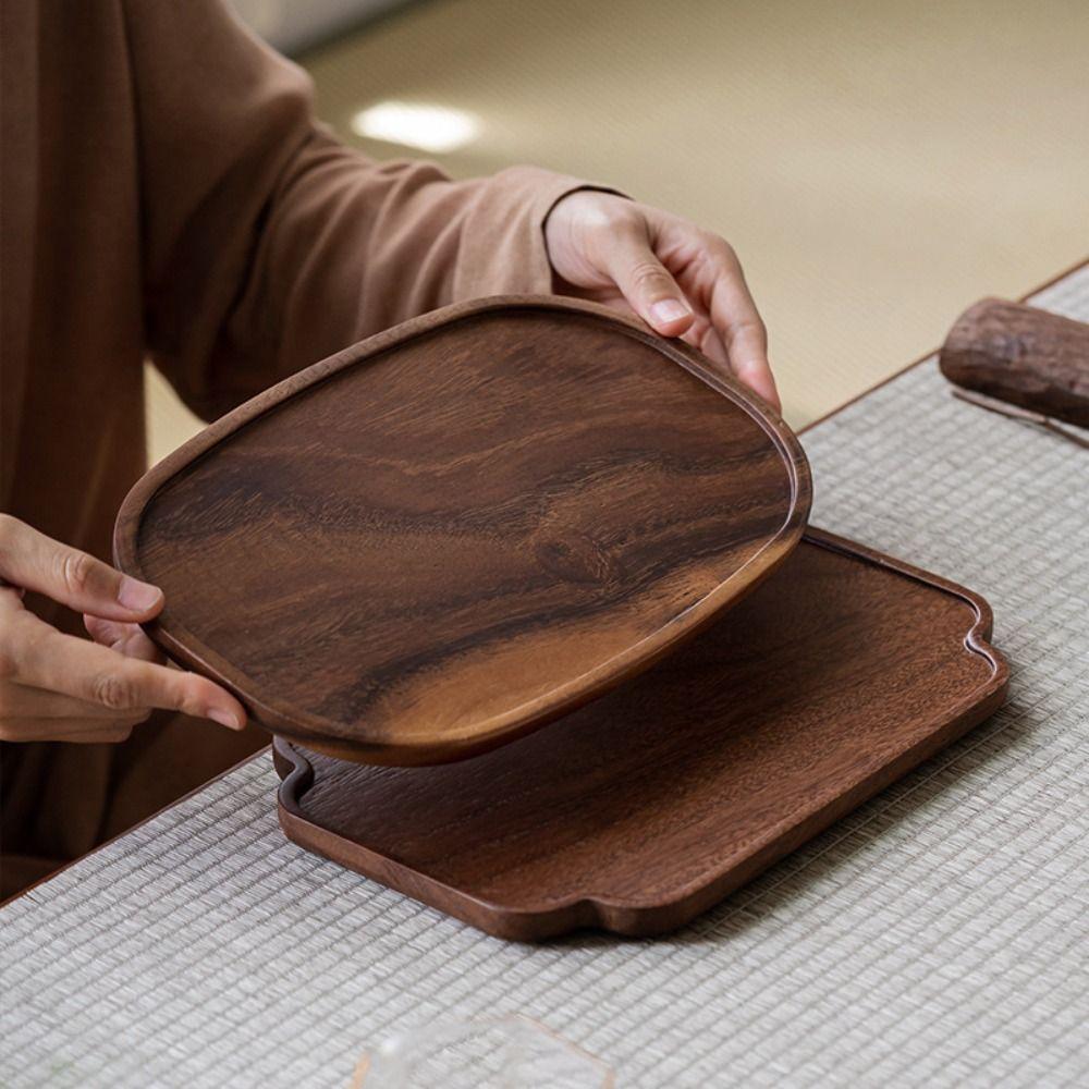 Retro Walnut Tea Tray Wooden Round Dinner Plates Storage Leaf Serving Platter Tray Tea