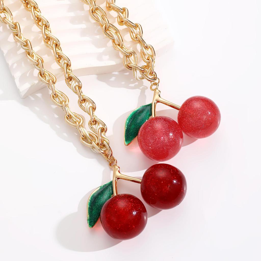 Fashionable Exaggeration Red Cherry Fruit Pendant Personalized Thick Chain Necklace For Women