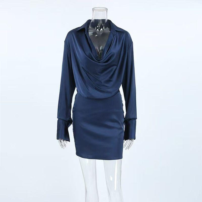 

New Arrival Elegant Matte Satin Asymmetrical Collar Long Sleeves Silm Dress Irregular Collar Dress Blue L